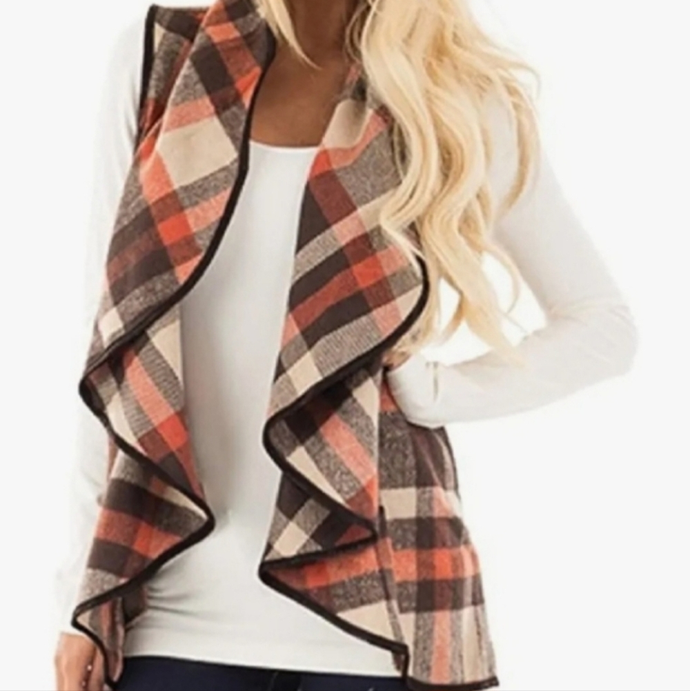 Brown Orange Cream Plaid Waterfall Cardigan Vest Western Equestrian Size Large